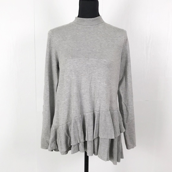 The Limited Tops - The Limited Grey Mock Neck Ruffle Hem Sweater